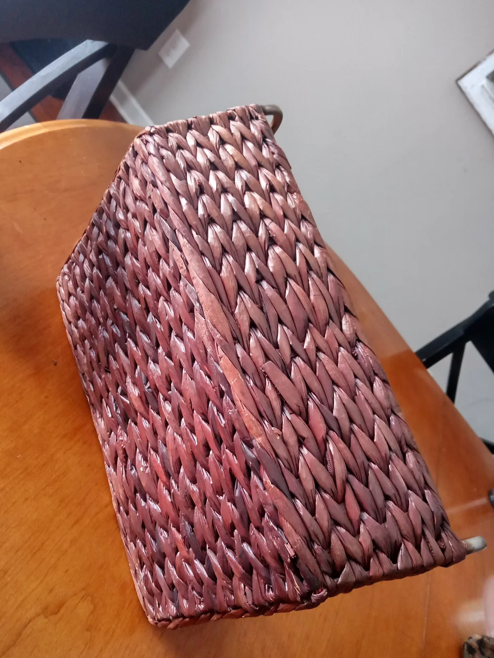 Vintage Brown Woven Rectangular Storage Basket with Metal Handles